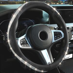 Black Steering Wheel Cover，with Bling Crystal Rhinestone, Delicate and Anti-Slip